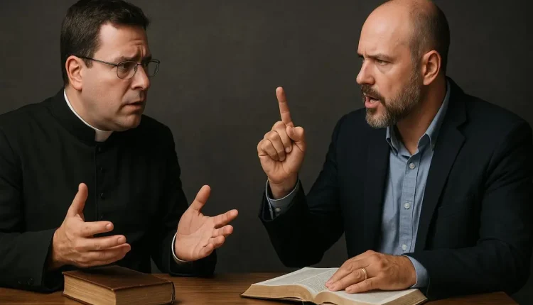 Debate católico x evangélico: padre e pastor discutindo sobre a fé.