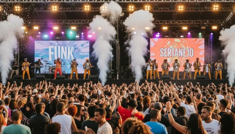 Show de funk e sertanejo com público. Músicos no palco.