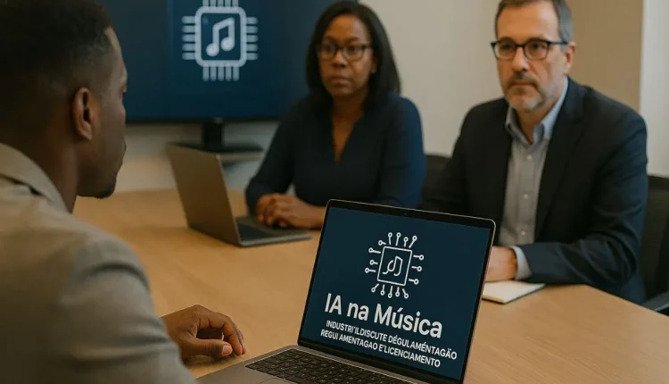 IA na Música: Indústria discute regulamentação e licenciamento. Reunião com laptops.