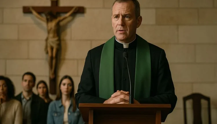 Igreja Católica: padre no púlpito, fé e família reunidas.