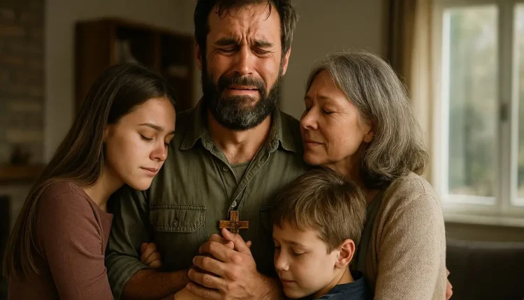 Família reunida em oração. Milagre, fé, esperança.